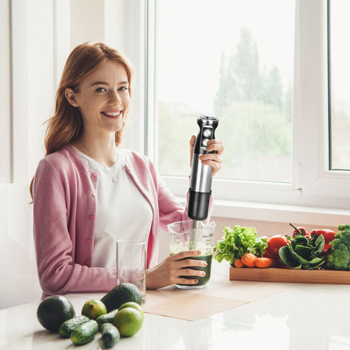 1000W 5 In 1 Immersion Hand Blender Stainless Steel Hand Mixer with 12 Speeds Turbo Mode Food Processor with 20Oz Beaker 17Oz Chopper Whisk Milk Frother