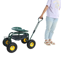 Garden trolley Rolling work chair with wheels, garden stool for planting, 360 degree swivel seat, station wagon scooter with steering handle and utility tray, for yard and outdoors, (green)