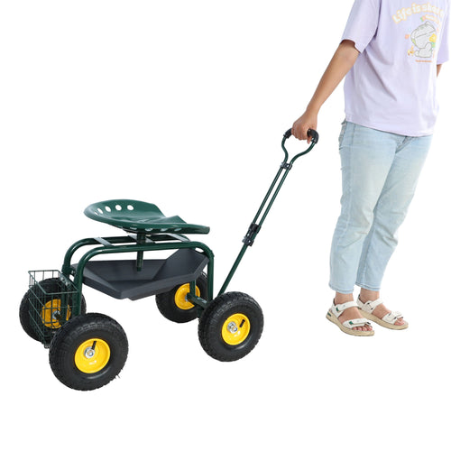 Garden trolley Rolling work chair with wheels, garden stool for planting, 360 degree swivel seat, station wagon scooter with steering handle and utility tray, for yard and outdoors, (green)