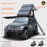 Roll over image to zoom in Adventurer Plus Rooftop Tent Hardshell with Side Awning, Air Conditioner Outlet with Bracket, &Replaceable Rain Flies, Truck Bed Tent for Camping, Pop Up Overland Roof Tents