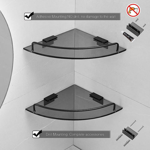Glass Corner Shelf for Bathroom Corner Shower Shelf Black Tempered Glass Shelf with Rail Bathroom Corner Organizer Bathroom Shelves Wall Mounted EasyOptionXY LLC