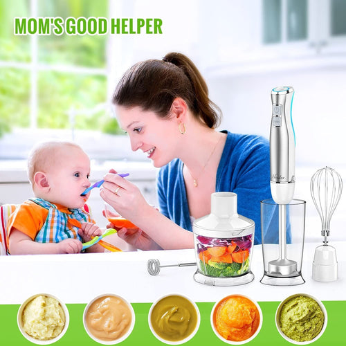Hand Blender;  5 in 1 Multi-Purpose Immersion Blender set;  1100 watts 12 Adjustable Speed Stick Blender;  600ml Beaker;  500ml Food Processor Container;  Egg Whisk;  Milk Frother Attachments;  White EasyOptionXY LLC