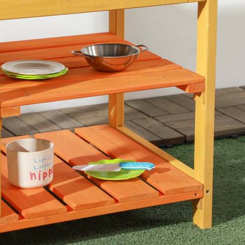Outsunny Mud Kitchen Outdoor Kitchen Playset for Kids Wooden with Realistic Play Kitchen Toys, Faucet and Sink, Storage Shelves, Gift for Girls and Boys Aged 3-8 Years Old