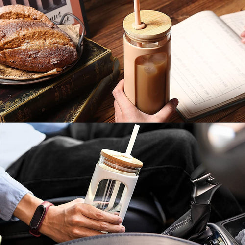 Glass Water Tumble Straw Silicone Bamboo Lids Iced Coffee Cup Bottle Reusable EasyOptionXY LLC
