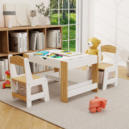 2 in 1 Play Table and 2 Chair Set with Storage, Compatible with LEGO and Duplo Bricks, Activity Table Playset Furniture with Modern White Color