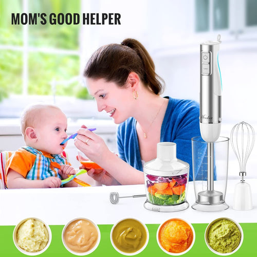 Hand Blender, 5 in 1 Multi-Purpose Immersion Blender set, 1100 watts 12 Adjustable Speed Stick Blender, 600ml Beaker, 500ml Food Processor Container, Egg Whisk, Milk Frother, White EasyOptionXY LLC
