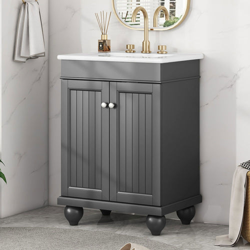 24" Modern Sleek Bathroom Vanity Elegant Ceramic Sink with Solid Wood Frame, Adjustable Shelf EasyOptionXY LLC