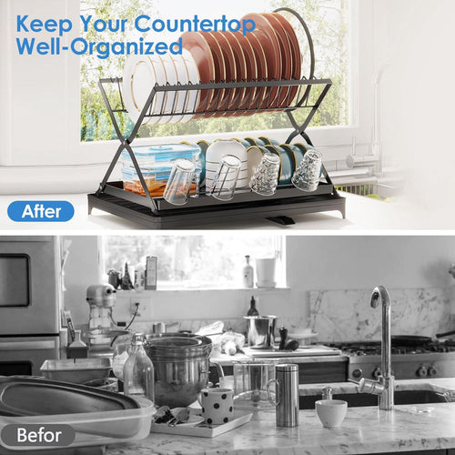 2 Tier Dish Drying Rack with Cup Holder Foldable Dish Drainer Shelf for Kitchen Countertop Rustproof Utensil Holder with Drainboard Black EasyOptionXY LLC