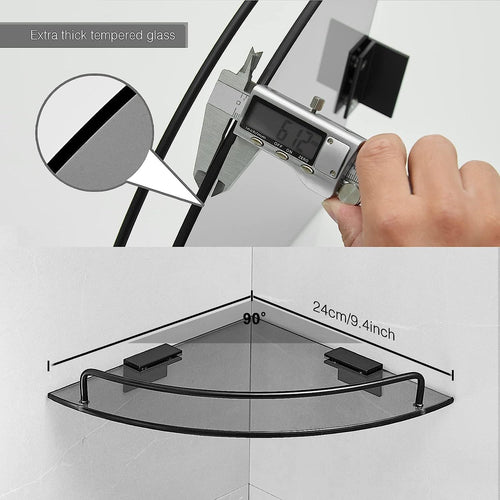 Glass Corner Shelf for Bathroom Corner Shower Shelf Black Tempered Glass Shelf with Rail Bathroom Corner Organizer Bathroom Shelves Wall Mounted EasyOptionXY LLC