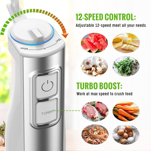 Hand Blender, 5 in 1 Multi-Purpose Immersion Blender set, 1100 watts 12 Adjustable Speed Stick Blender, 600ml Beaker, 500ml Food Processor Container, Egg Whisk, Milk Frother, White EasyOptionXY LLC