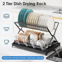 2 Tier Dish Drying Rack with Cup Holder Foldable Dish Drainer Shelf for Kitchen Countertop Rustproof Utensil Holder with Drainboard Black EasyOptionXY LLC