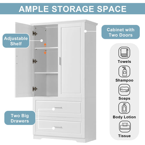 Tall Bathroom Storage Cabinet, Cabinet with Two Doors and Drawers, Adjustable Shelf, MDF Board EasyOptionXY LLC