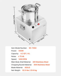 Food Processor Vegetable Chopper 4.3 Quart F ood-G rade Stainless Steel Blender EasyOptionXY LLC