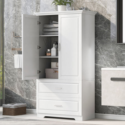 Tall Bathroom Storage Cabinet, Cabinet with Two Doors and Drawers, Adjustable Shelf, MDF Board EasyOptionXY LLC