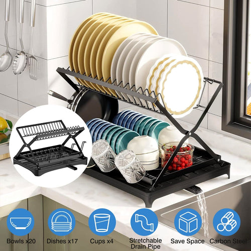 2 Tier Dish Drying Rack with Cup Holder Foldable Dish Drainer Shelf for Kitchen Countertop Rustproof Utensil Holder with Drainboard Black EasyOptionXY LLC