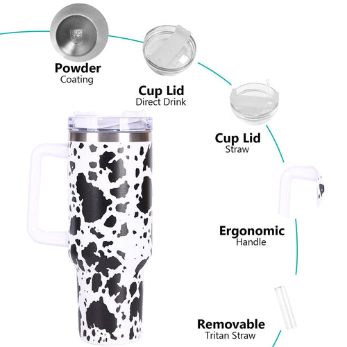 40oz 5D cowprint Insulated Tumbler With Handle And Straw Lid Portable Large Capacity water bottle, Heat preservation,304 Stainless Steel Cup For Outdoor Sports, Travel & Camping Birthday Gift EasyOptionXY LLC