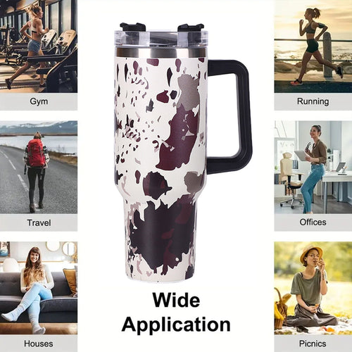 40oz 5D cowprint Insulated Tumbler With Handle And Straw Lid Portable Large Capacity water bottle, Heat preservation,304 Stainless Steel Cup For Outdoor Sports, Travel & Camping Birthday Gift EasyOptionXY LLC