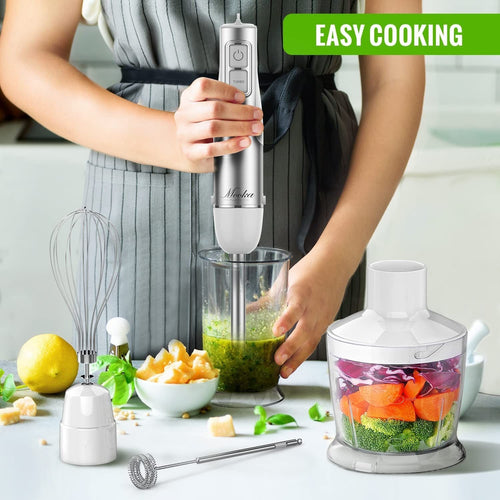 Hand Blender, 5 in 1 Multi-Purpose Immersion Blender set, 1100 watts 12 Adjustable Speed Stick Blender, 600ml Beaker, 500ml Food Processor Container, Egg Whisk, Milk Frother, White EasyOptionXY LLC