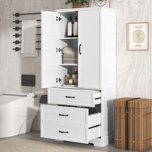 Tall Bathroom Storage Cabinet,Cabinet with Two Doors and Drawers,Adjustable Shelf,MDF Board,White EasyOptionXY LLC
