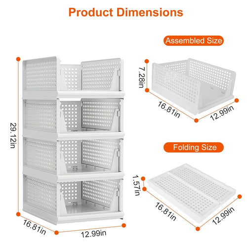 4 Packs Plastic Storage Box Closet Organizer Foldable Storage Bin Stackable Drawer with Slide Rail Push-Pull Storage Basket for Living Room Bedroom Wardrobe White EasyOptionXY LLC