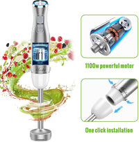 Hand Blender;  5 in 1 Multi-Purpose Immersion Blender set;  1100 watts 12 Adjustable Speed Stick Blender;  600ml Beaker;  500ml Food Processor Container;  Egg Whisk;  Milk Frother Attachments;  White EasyOptionXY LLC