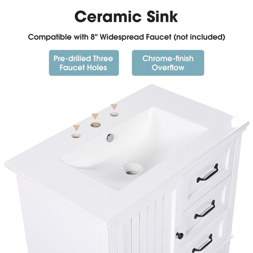 30" Bathroom Vanity with Sink, Bathroom Cabinet with A Door, Three Drawers, Solid Wood Legs & MDF Board, Adiustable Foot Pads, White EasyOptionXY LLC