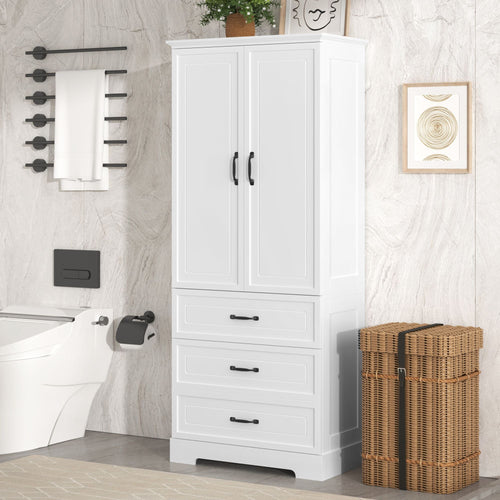 Tall Bathroom Storage Cabinet,Cabinet with Two Doors and Drawers,Adjustable Shelf,MDF Board,White EasyOptionXY LLC