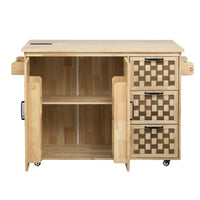 53.2"W 3D Woven Checkerboard Pattern Design Kitchen Island with Drop Leaf, Rolling Kitchen Island on Wheels with Internal Storage Rack, Power Outlet, Kitchen Cart with 3 Drawers 2 Cabinets, Nature EasyOptionXY LLC