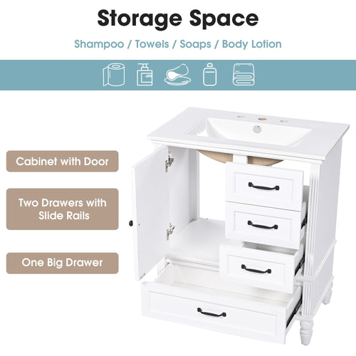 30" Bathroom Vanity with Sink, Bathroom Cabinet with A Door, Three Drawers, Solid Wood Legs & MDF Board, Adiustable Foot Pads, White EasyOptionXY LLC