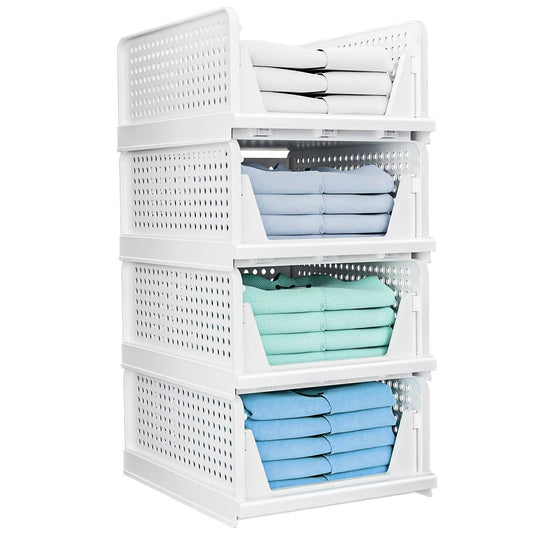 4 Packs Plastic Storage Box Closet Organizer Foldable Storage Bin Stackable Drawer with Slide Rail Push-Pull Storage Basket for Living Room Bedroom Wardrobe White EasyOptionXY LLC