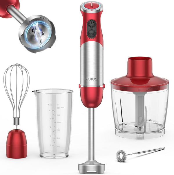 KOIOS 5-in-1 Hand Immersion Blender, 1000W 12 Speed Handheld Blender, Copper Motor Stainless Steel Blade Stick Blender,600ml Mixing Beaker,500ml Food Processor, Whisk, Milk Frother, B PA-F ree, Red EasyOptionXY LLC