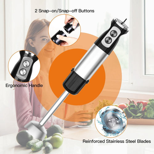 1000W 5 In 1 Immersion Hand Blender Stainless Steel Hand Mixer with 12 Speeds Turbo Mode Food Processor with 20Oz Beaker 17Oz Chopper Whisk Milk Frother