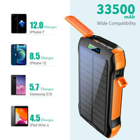 Portable Charger, Solar Power Bank 33500mAh Fast Charging, Solar Battery Pack with Waterproof 6W Bright Flashlight for iPhone S amsung Tablet