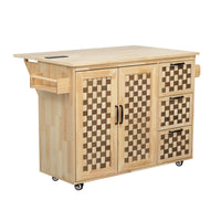 53.2"W 3D Woven Checkerboard Pattern Design Kitchen Island with Drop Leaf, Rolling Kitchen Island on Wheels with Internal Storage Rack, Power Outlet, Kitchen Cart with 3 Drawers 2 Cabinets, Nature EasyOptionXY LLC