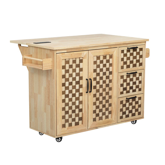 53.2"W 3D Woven Checkerboard Pattern Design Kitchen Island with Drop Leaf, Rolling Kitchen Island on Wheels with Internal Storage Rack, Power Outlet, Kitchen Cart with 3 Drawers 2 Cabinets, Nature EasyOptionXY LLC