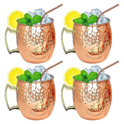4Pcs Moscow Mule Mugs 18OZ Copper Plating Cocktail Cup Set With Straws Stainless Steel Lining Hammered Cups For Wine Beer Cocktail Cold Drinks EasyOptionXY LLC