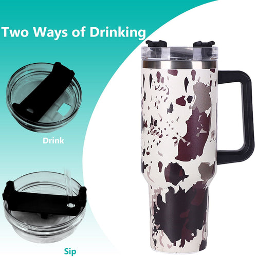 40oz 5D cowprint Insulated Tumbler With Handle And Straw Lid Portable Large Capacity water bottle, Heat preservation,304 Stainless Steel Cup For Outdoor Sports, Travel & Camping Birthday Gift EasyOptionXY LLC