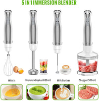 Hand Blender;  5 in 1 Multi-Purpose Immersion Blender set;  1100 watts 12 Adjustable Speed Stick Blender;  600ml Beaker;  500ml Food Processor Container;  Egg Whisk;  Milk Frother Attachments;  White EasyOptionXY LLC
