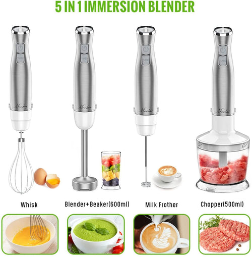 Hand Blender;  5 in 1 Multi-Purpose Immersion Blender set;  1100 watts 12 Adjustable Speed Stick Blender;  600ml Beaker;  500ml Food Processor Container;  Egg Whisk;  Milk Frother Attachments;  White EasyOptionXY LLC