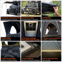 Roll over image to zoom in Adventurer Plus Rooftop Tent Hardshell with Side Awning, Air Conditioner Outlet with Bracket, &Replaceable Rain Flies, Truck Bed Tent for Camping, Pop Up Overland Roof Tents