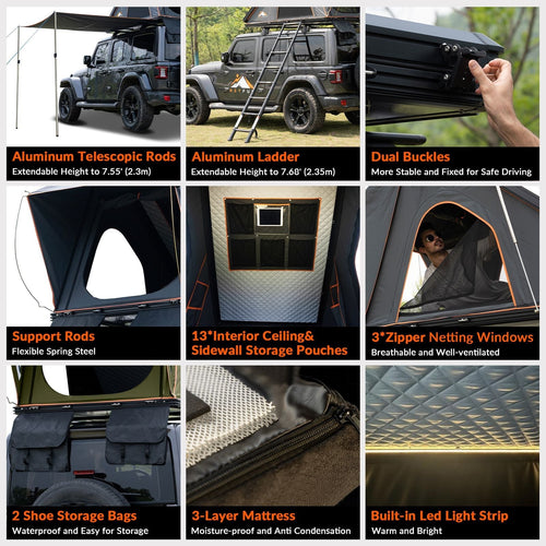 Roll over image to zoom in Adventurer Plus Rooftop Tent Hardshell with Side Awning, Air Conditioner Outlet with Bracket, &Replaceable Rain Flies, Truck Bed Tent for Camping, Pop Up Overland Roof Tents