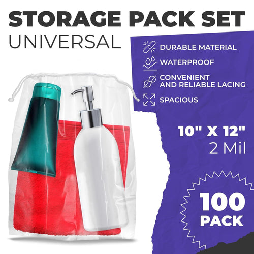Clear Drawstring Bag, 10 x 12 Inches. Pack of 100 Clear Plastic Drawstring Bags. 2 Mil Drawstring Clear Plastic Bags. Waterproof Clear Plastic Bags Drawstring for Cosmetics, Toiletries