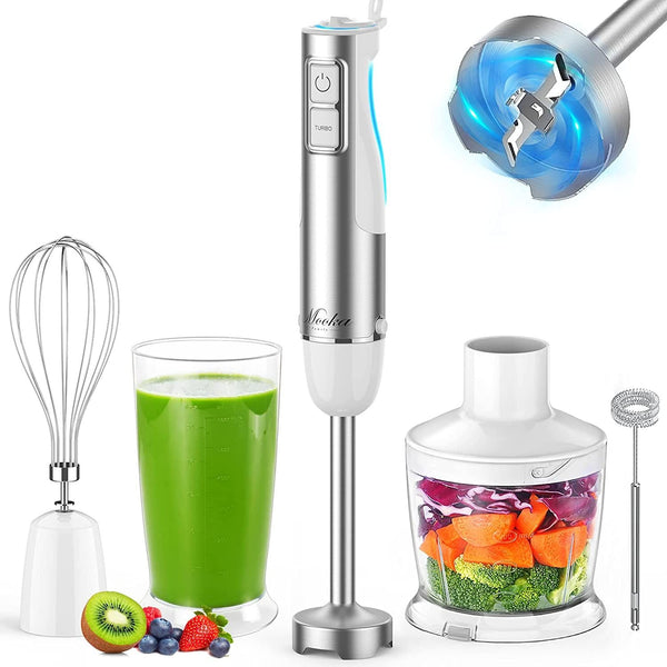 Hand Blender, 5 in 1 Multi-Purpose Immersion Blender set, 1100 watts 12 Adjustable Speed Stick Blender, 600ml Beaker, 500ml Food Processor Container, Egg Whisk, Milk Frother, White EasyOptionXY LLC