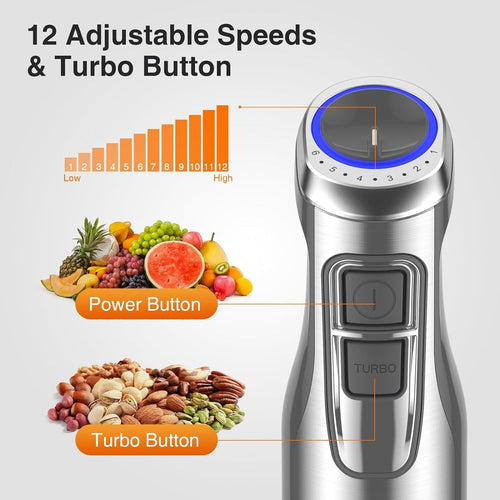 KOIOS 1100W Immersion Hand Blender, Stainless Steel Stick Blender with 12-Speed & Turbo Mode, 5-in-1 Handheld Blender with 600ml Mixing Beaker with Lid, 500ml Chopper, Whisk, Milk Frother, B PA-F ree EasyOptionXY LLC