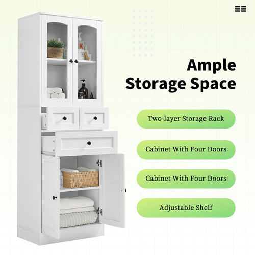 Tall Bathroom Storage Cabinet, Cabinet with Four Doors and Drawers, Adjustable Shelf, MDF Board EasyOptionXY LLC