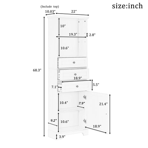 White Tall Storage Cabinet with 3 Drawers and Adjustable Shelves for Bathroom, Kitchen and Living Room, MDF Board with Painted Finish EasyOptionXY LLC