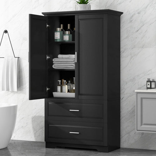 Tall Bathroom Storage Cabinet, Cabinet with Two Doors and Drawers, Adjustable Shelf, MDF Board EasyOptionXY LLC