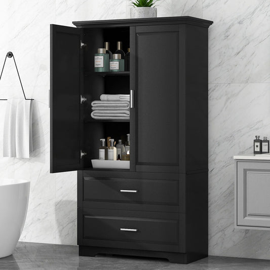 Tall Bathroom Storage Cabinet, Cabinet with Two Doors and Drawers, Adjustable Shelf, MDF Board EasyOptionXY LLC