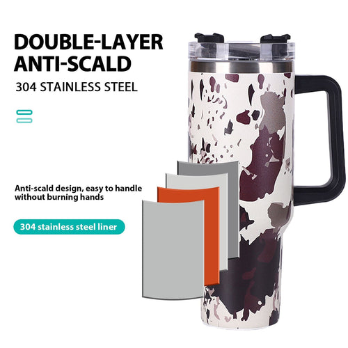 40oz 5D cowprint Insulated Tumbler With Handle And Straw Lid Portable Large Capacity water bottle, Heat preservation,304 Stainless Steel Cup For Outdoor Sports, Travel & Camping Birthday Gift EasyOptionXY LLC