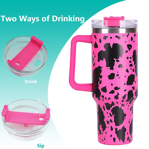 40oz 5D cowprint Insulated Tumbler With Handle And Straw Lid Portable Large Capacity water bottle, Heat preservation,304 Stainless Steel Cup For Outdoor Sports, Travel & Camping Birthday Gift EasyOptionXY LLC
